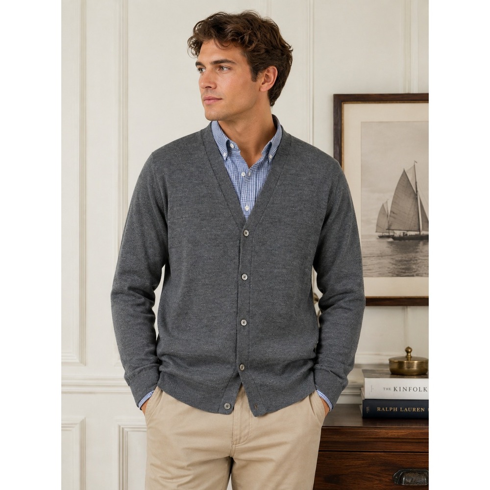 Club Room Mens XL Gray 100% Merino Wool V-Neck Button Front Cardigan Sweater